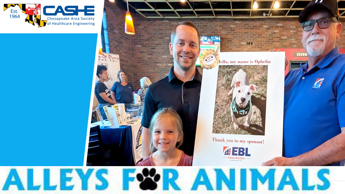 Image of two men and a child next to a picture of an adoptable dog